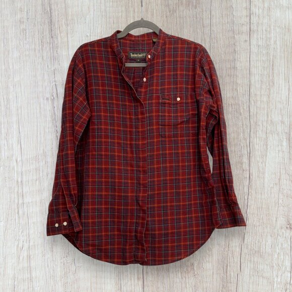 TIMBERLAND Vintage 90s Y2K Red Plaid Cotton Leather Trim Button Front Blouse Top - Picture 1 of 6